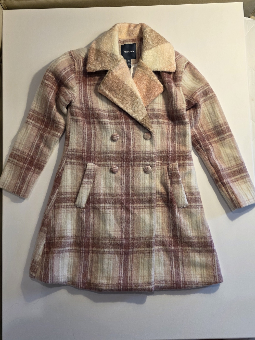 NWT ModCloth Plaid Double Breasted Coat XS Pink Cream Wool Blend Long Peacoat